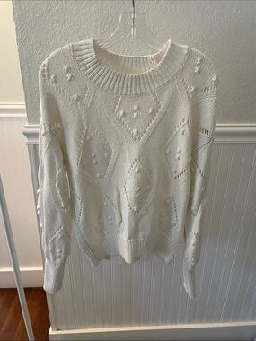 LOFT Cream Textured Pom-Pom Crewneck Sweater